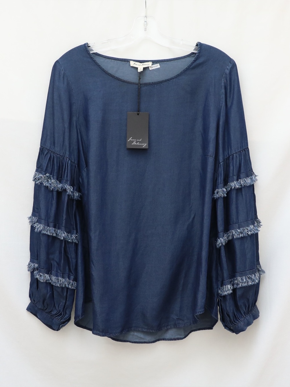 NWT Jane Delancey Womens Medium Chambray Popover Top Ballon Sleeves Boho Fringe